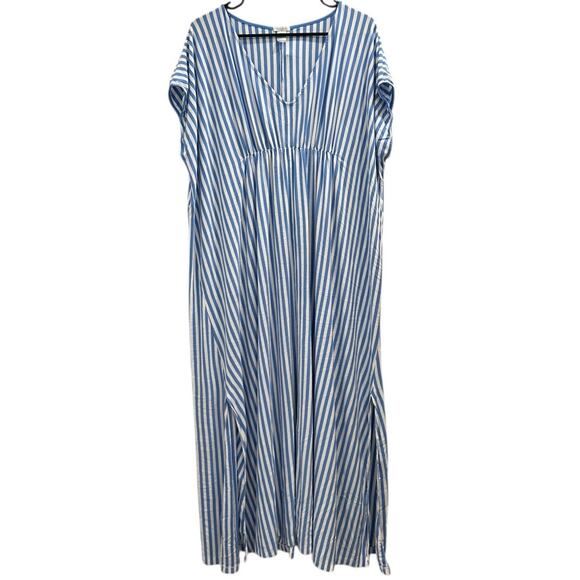 Lake Seafarer Blue Stripe DreamKnit Stretch Jersey Caftan Coastal Preppy Lounge - Picture 2 of 12